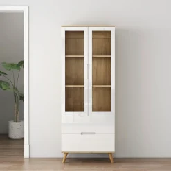 OTTO home Highboard »Lund« mit glänzenden Fronten, Glastüren, helles Holzdekor, Breite 70 cm