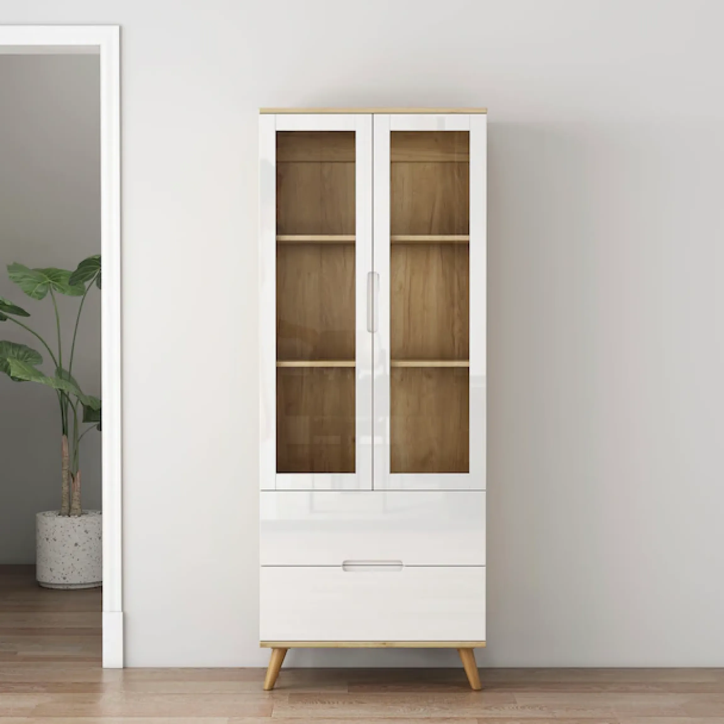 OTTO home Highboard »Lund« mit glänzenden Fronten, Glastüren, helles Holzdekor, Breite 70 cm