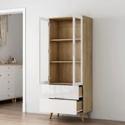 OTTO home Highboard »Lund« mit glänzenden Fronten, Glastüren, helles Holzdekor, Breite 70 cm