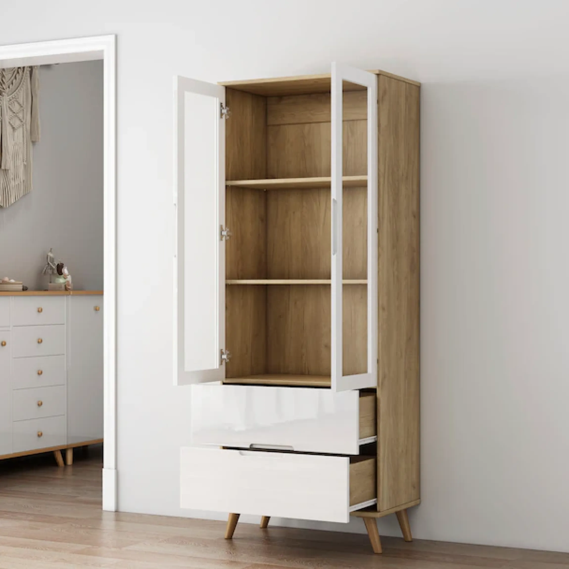 OTTO home Highboard »Lund« mit glänzenden Fronten, Glastüren, helles Holzdekor, Breite 70 cm