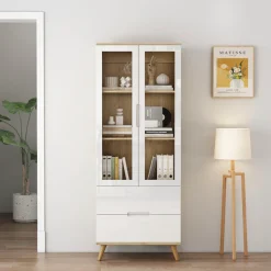 OTTO home Highboard »Lund« mit glänzenden Fronten, Glastüren, helles Holzdekor, Breite 70 cm