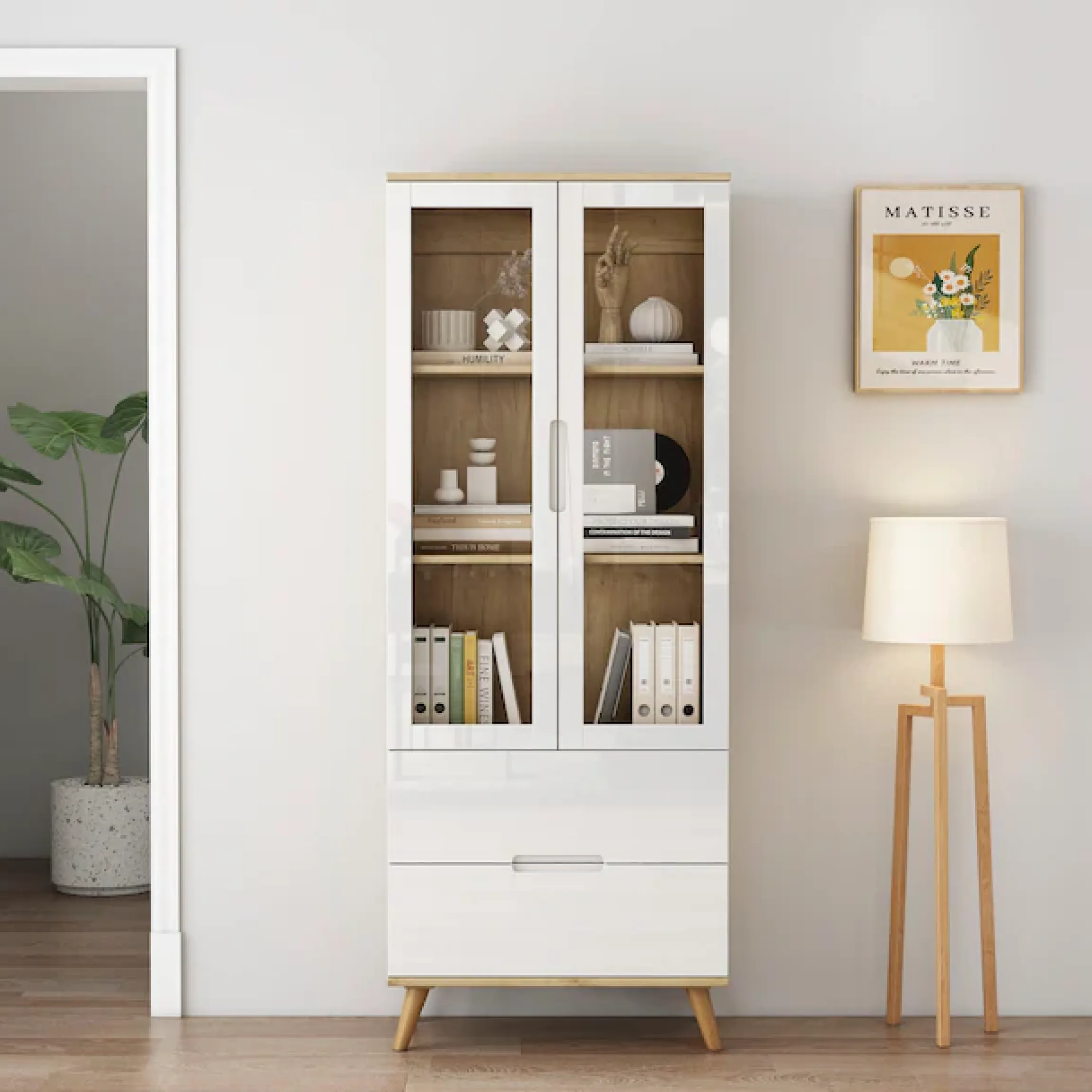 OTTO home Highboard »Lund« mit glänzenden Fronten, Glastüren, helles Holzdekor, Breite 70 cm