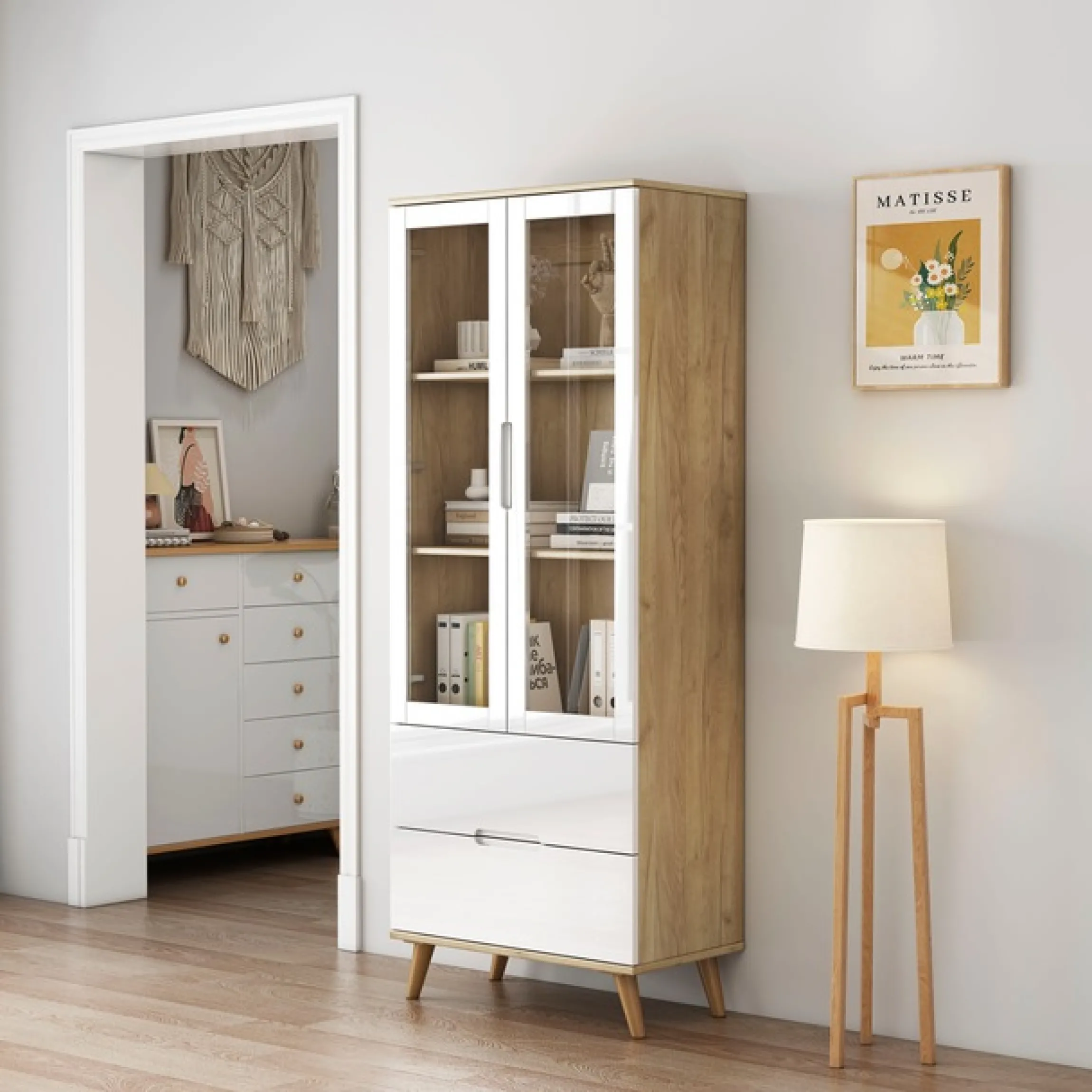 OTTO home Highboard »Lund« mit glänzenden Fronten, Glastüren, helles Holzdekor, Breite 70 cm