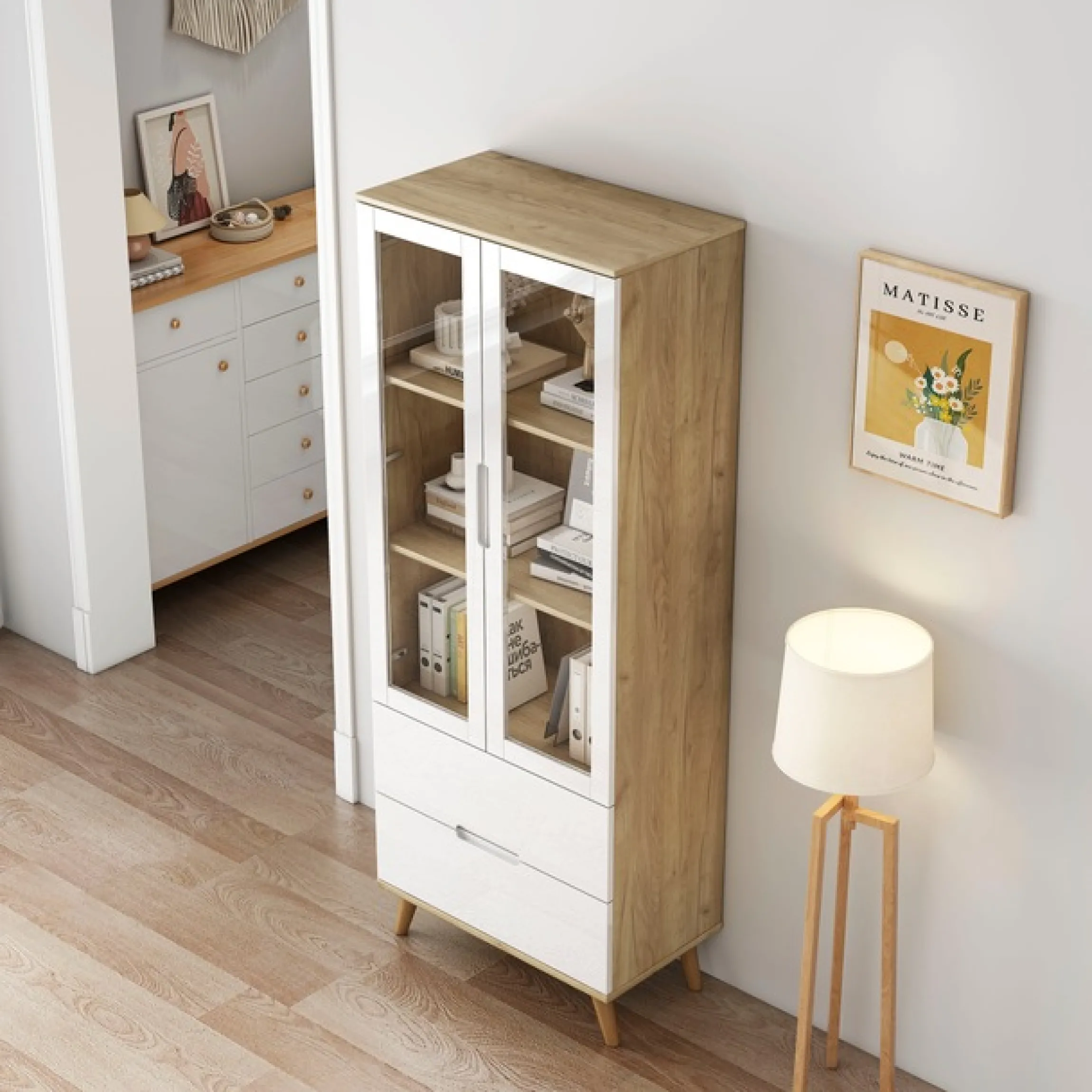 OTTO home Highboard »Lund« mit glänzenden Fronten, Glastüren, helles Holzdekor, Breite 70 cm
