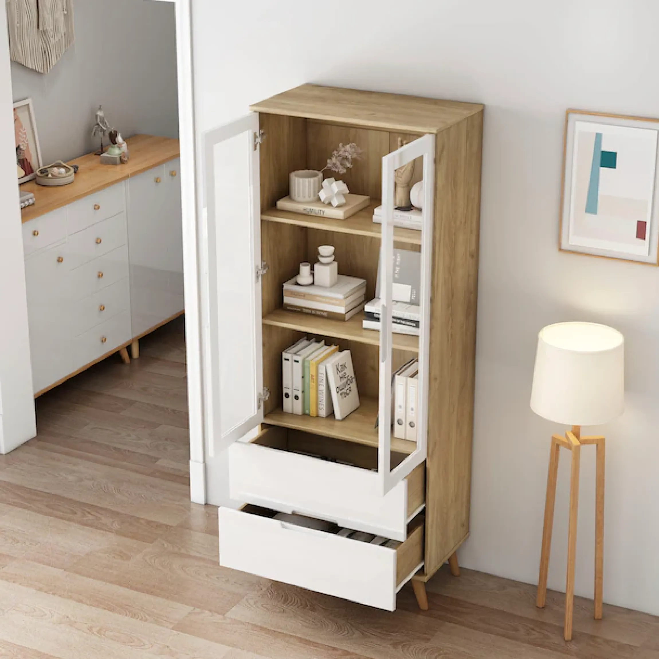OTTO home Highboard »Lund« mit glänzenden Fronten, Glastüren, helles Holzdekor, Breite 70 cm