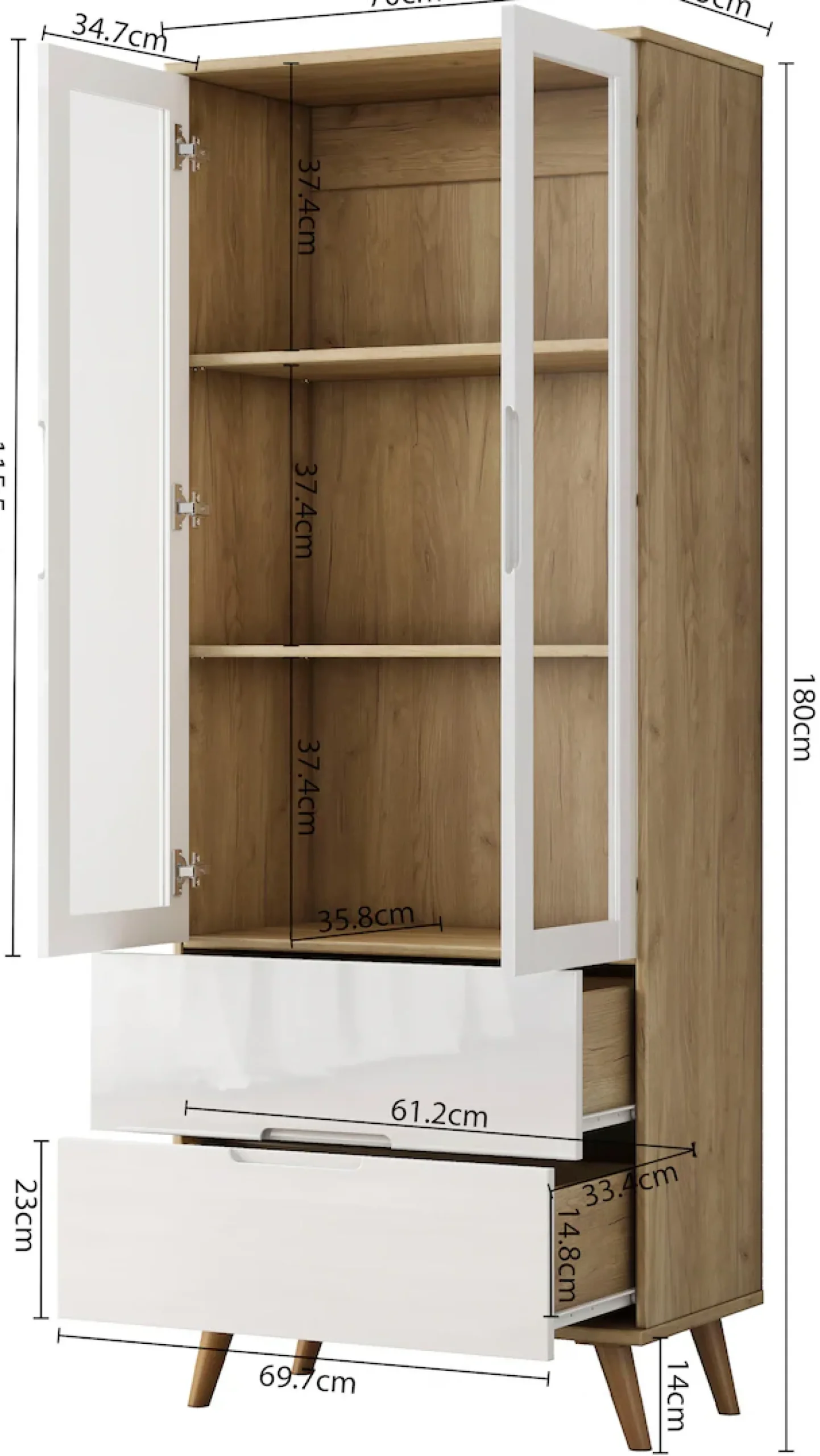 OTTO home Highboard »Lund« mit glänzenden Fronten, Glastüren, helles Holzdekor, Breite 70 cm