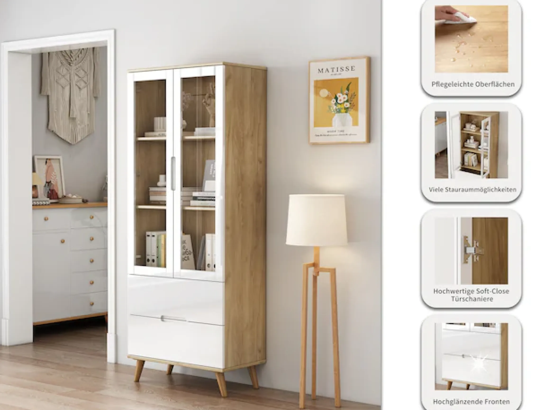 OTTO home Highboard »Lund« mit glänzenden Fronten, Glastüren, helles Holzdekor, Breite 70 cm