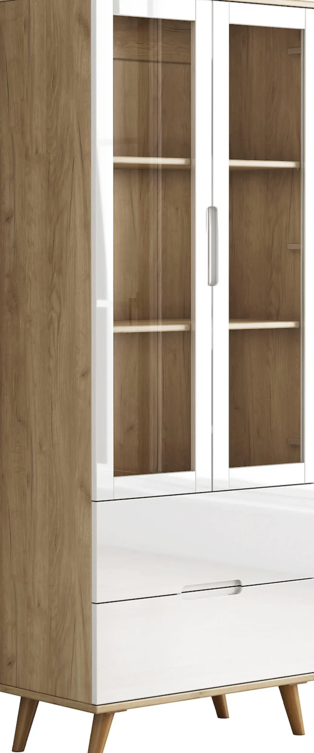 OTTO home Highboard »Lund« mit glänzenden Fronten, Glastüren, helles Holzdekor, Breite 70 cm