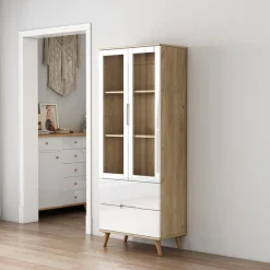 OTTO home Highboard »Lund« mit glänzenden Fronten, Glastüren, helles Holzdekor, Breite 70 cm
