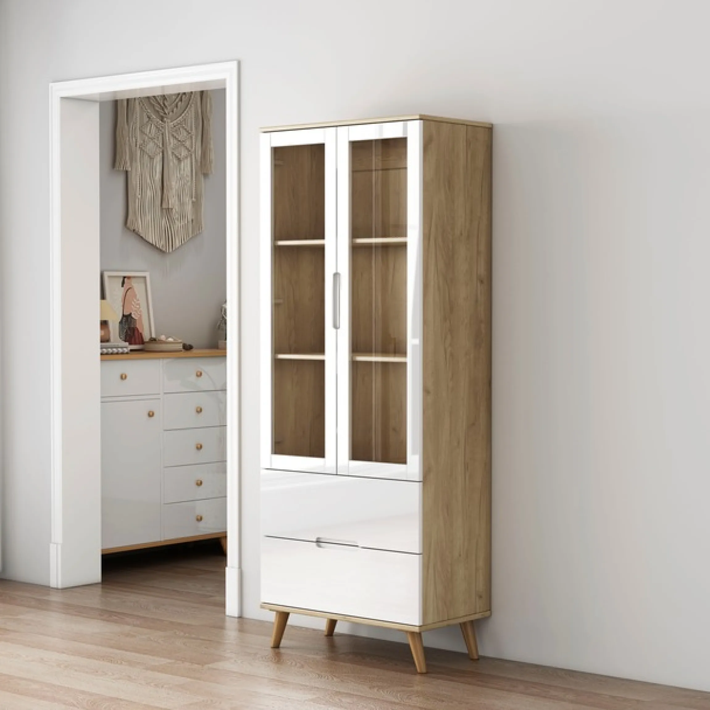 OTTO home Highboard »Lund« mit glänzenden Fronten, Glastüren, helles Holzdekor, Breite 70 cm