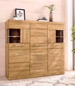 OTTO home Highboard »Ribe,125cm breit,115cm hoch, Fronten Massivholz,5Türen,3 Schubladen« Holz massiv, Holzwerkstoff, Metall Griffe,10Fächer, Böden versetzbar