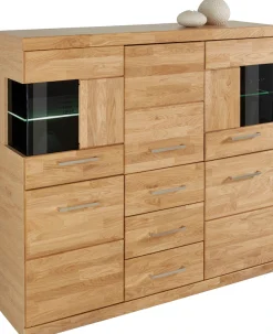 OTTO home Highboard »Ribe,125cm breit,115cm hoch, Fronten Massivholz,5Türen,3 Schubladen« Holz massiv, Holzwerkstoff, Metall Griffe,10Fächer, Böden versetzbar