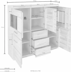 OTTO home Highboard »Ribe,125cm breit,115cm hoch, Fronten Massivholz,5Türen,3 Schubladen« Holz massiv, Holzwerkstoff, Metall Griffe,10Fächer, Böden versetzbar