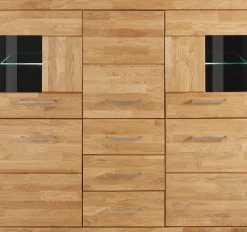 OTTO home Highboard »Ribe,125cm breit,115cm hoch, Fronten Massivholz,5Türen,3 Schubladen« Holz massiv, Holzwerkstoff, Metall Griffe,10Fächer, Böden versetzbar