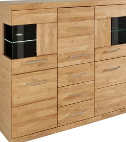 OTTO home Highboard »Ribe,125cm breit,115cm hoch, Fronten Massivholz,5Türen,3 Schubladen« Holz massiv, Holzwerkstoff, Metall Griffe,10Fächer, Böden versetzbar