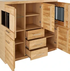OTTO home Highboard »Ribe,125cm breit,115cm hoch, Fronten Massivholz,5Türen,3 Schubladen« Holz massiv, Holzwerkstoff, Metall Griffe,10Fächer, Böden versetzbar