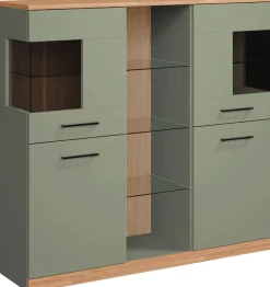 OTTO home Highboard »Ribe,120cm breit,112cm hoch,Oberplatte massiv,12 Fächer« Eiche massiv,Melamin Salbeigrün,schwarze Metall Griffe,Türen mit Glass