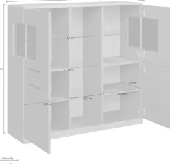 OTTO home Highboard »Ribe,120cm breit,112cm hoch,Oberplatte massiv,12 Fächer« Eiche massiv,Melamin Salbeigrün,schwarze Metall Griffe,Türen mit Glass