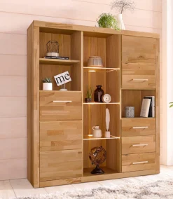 OTTO home Highboard »Ribe,130cm breit145cm hoch,Fronten Massivholz,12 Fächer« Korpusaus Holzwerkstoff, Metall Griffe,Böden versetzbar