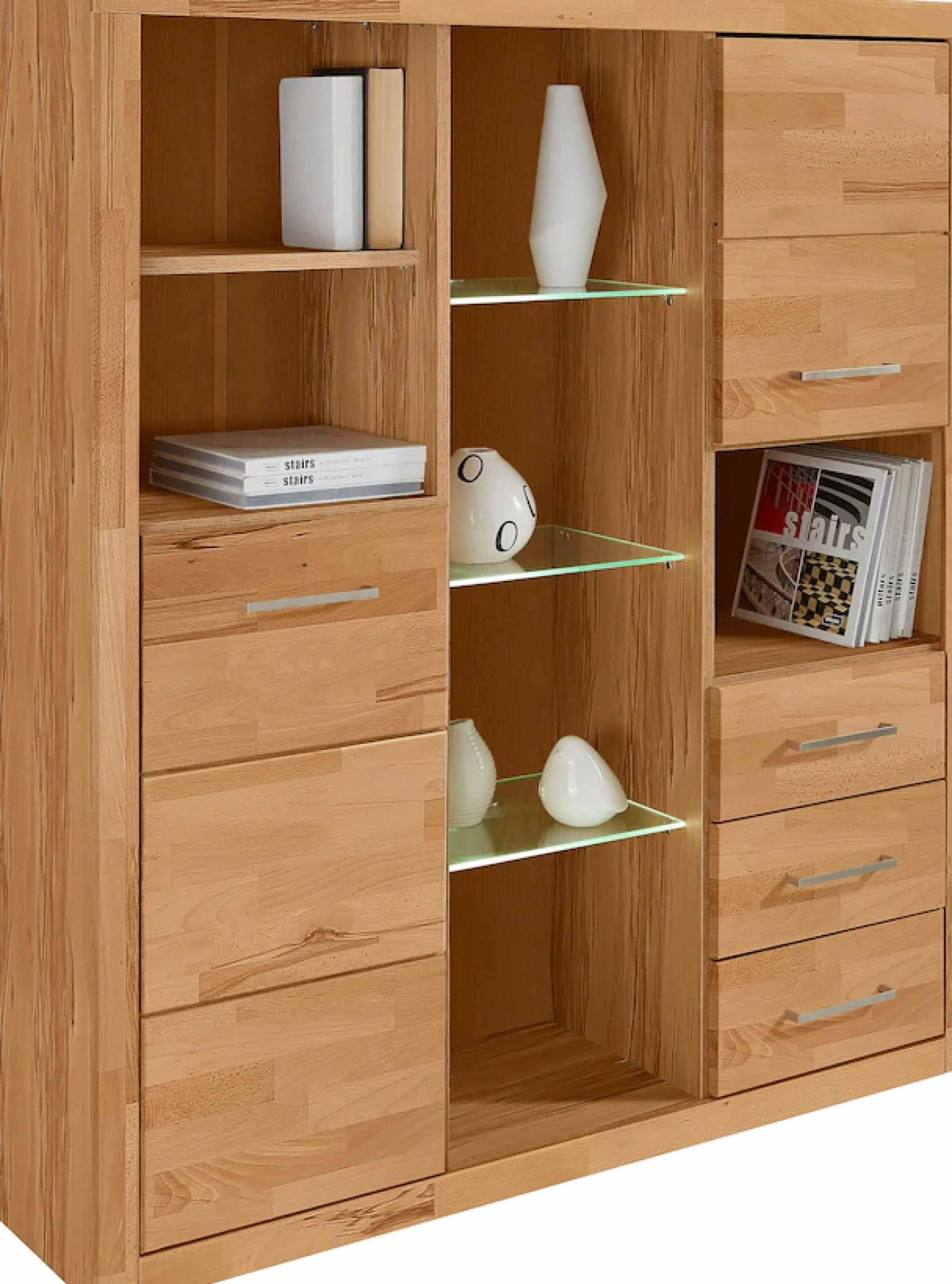 OTTO home Highboard »Ribe,130cm breit145cm hoch,Fronten Massivholz,12 Fächer« Korpusaus Holzwerkstoff, Metall Griffe,Böden versetzbar