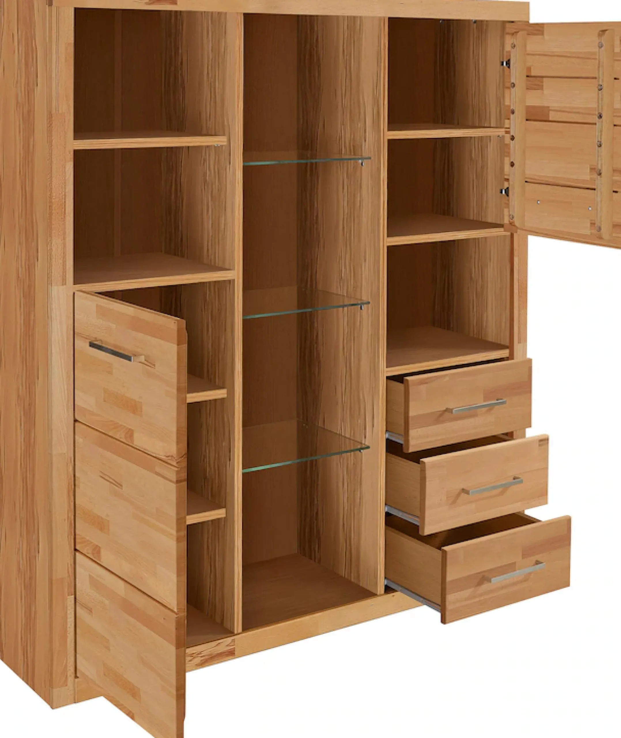 OTTO home Highboard »Ribe,130cm breit145cm hoch,Fronten Massivholz,12 Fächer« Korpusaus Holzwerkstoff, Metall Griffe,Böden versetzbar