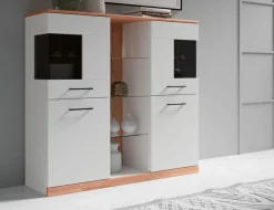 OTTO home Highboard »Ribe,120cm breit,112cm hoch,Oberplatte massiv,12 Fächer« Oberplatte Massivholz,schwarze Metall Griffe,2 Türen mit Glaseinsatz