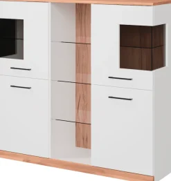 OTTO home Highboard »Ribe,120cm breit,112cm hoch,Oberplatte massiv,12 Fächer« Oberplatte Massivholz,schwarze Metall Griffe,2 Türen mit Glaseinsatz