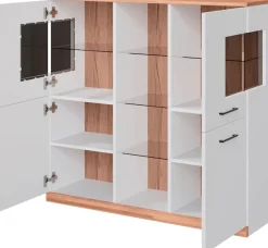 OTTO home Highboard »Ribe,120cm breit,112cm hoch,Oberplatte massiv,12 Fächer« Oberplatte Massivholz,schwarze Metall Griffe,2 Türen mit Glaseinsatz