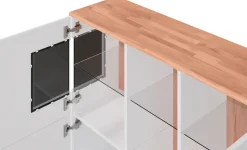 OTTO home Highboard »Ribe,120cm breit,112cm hoch,Oberplatte massiv,12 Fächer« Oberplatte Massivholz,schwarze Metall Griffe,2 Türen mit Glaseinsatz