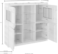 OTTO home Highboard »Ribe,120cm breit,112cm hoch,Oberplatte massiv,12 Fächer« Oberplatte Massivholz,schwarze Metall Griffe,2 Türen mit Glaseinsatz