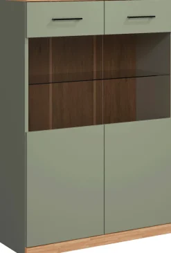 OTTO home Highboard »Ribe,125cm hoch,87cm breit,4 breite Fächer« Oberplatte Eiche massiv,dunkles Glas, schwarze Metall Griffe