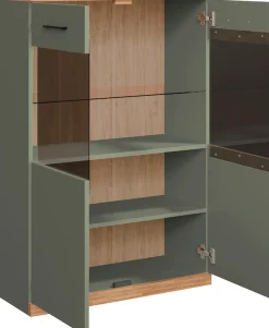 OTTO home Highboard »Ribe,125cm hoch,87cm breit,4 breite Fächer« Oberplatte Eiche massiv,dunkles Glas, schwarze Metall Griffe