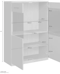 OTTO home Highboard »Ribe,125cm hoch,87cm breit,4 breite Fächer« Oberplatte Eiche massiv,dunkles Glas, schwarze Metall Griffe