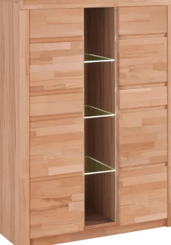 OTTO home Highboard »Silkeborg Fronten & Leisten aus Massivholz, Kospus aus Melamin« B/T/H: 90/35/125cm, 6 Melamin & 3 Glas einlegeboden die variabel sind.
