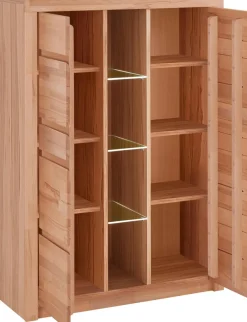 OTTO home Highboard »Silkeborg Fronten & Leisten aus Massivholz, Kospus aus Melamin« B/T/H: 90/35/125cm, 6 Melamin & 3 Glas einlegeboden die variabel sind.
