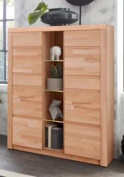 OTTO home Highboard »Silkeborg Fronten & Leisten aus Massivholz, Kospus aus Melamin« B/T/H: 90/35/125cm, 6 Melamin & 3 Glas einlegeboden die variabel sind.
