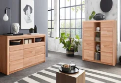 OTTO home Highboard »Silkeborg Fronten & Leisten aus Massivholz, Kospus aus Melamin« B/T/H: 90/35/125cm, 6 Melamin & 3 Glas einlegeboden die variabel sind.