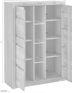 OTTO home Highboard »Silkeborg Fronten & Leisten aus Massivholz, Kospus aus Melamin« B/T/H: 90/35/125cm, 6 Melamin & 3 Glas einlegeboden die variabel sind.