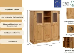 OTTO home Highboard »Teresa« Maße (B/T/H): 119/40/120 cm,Vitrine, Türen mit Glaseinsätzen, aus massiver Kiefer, FSC®