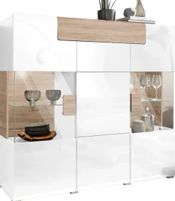 OTTO home Highboard »Toledo,Breite 147,5cm,trendige Hochkommode mit 3Türen und Schublade« Hochschrank mit Glas-Partien,stylische Hochglanzfronten