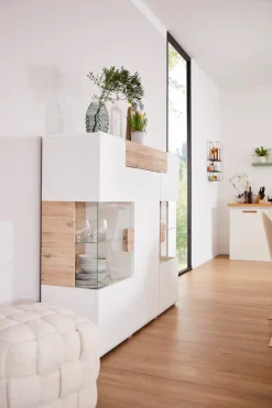 OTTO home Highboard »Toledo,Breite 147,5cm,trendige Hochkommode mit 3Türen und Schublade« Hochschrank mit Glas-Partien,stylische Hochglanzfronten