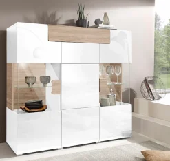 OTTO home Highboard »Toledo,Breite 147,5cm,trendige Hochkommode mit 3Türen und Schublade« Hochschrank mit Glas-Partien,stylische Hochglanzfronten