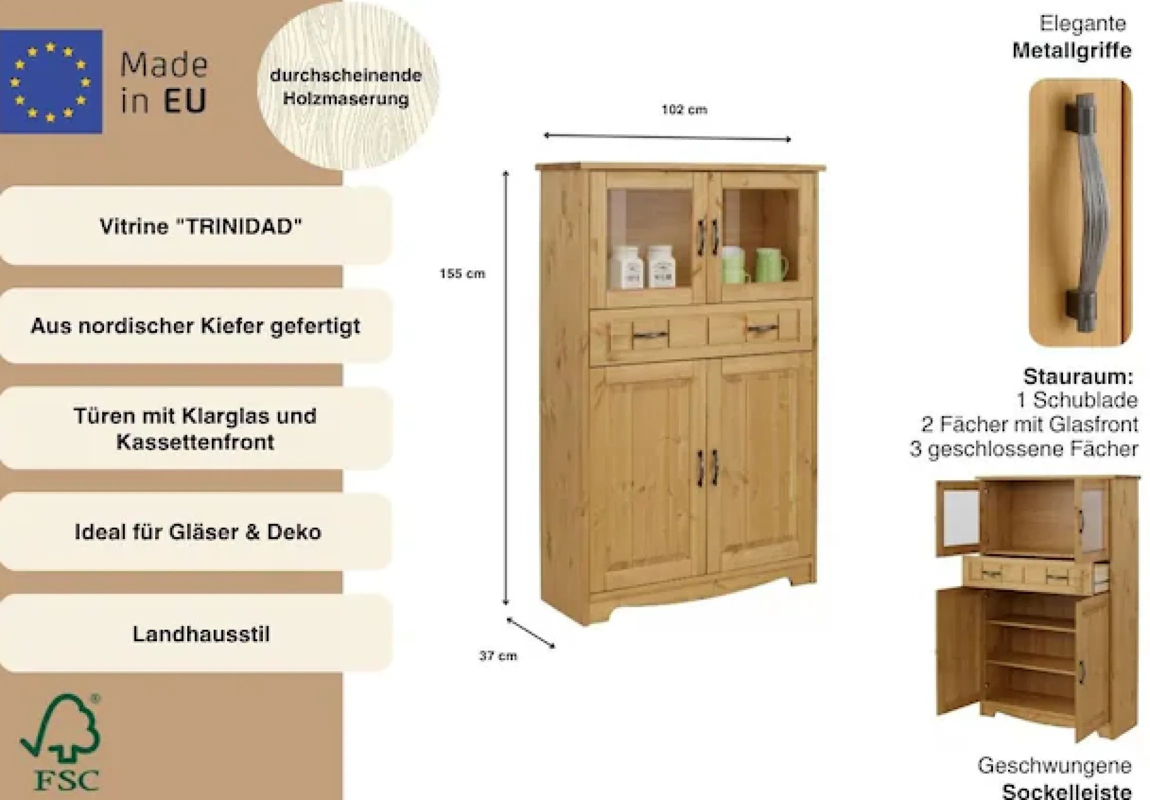OTTO home Highboard »Trinidad« Vitrine, Breite 102 cm