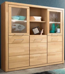 OTTO home Highboard »Trondheim,130cm breit,42 cm tief, Fronten Holzmassiv, Metallgriffe« Korpus aus Holzwerkstoff,4 Türen,12 Fächer, Böden teilweise versetzbar