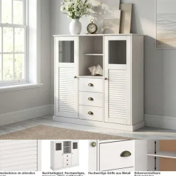 OTTO home Highboard »Turia, mit Glas- und Lamellentüren« Vitrine/Midischrank/Kommode, aus massivem Kiefernholz, FSC®, B: 127 cm