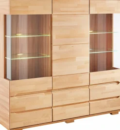 OTTO home Highboard »Vetro,150cm breit,40 cm tief,Fronten Massivholz,9 Fächer« Kernbuche massiv, Holzwerkstoff, 3Türen,6 Schubladen, Griffmulden
