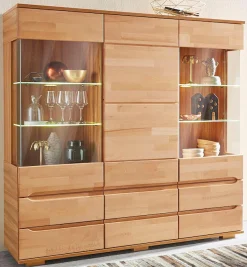 OTTO home Highboard »Vetro,150cm breit,40 cm tief,Fronten Massivholz,9 Fächer« Kernbuche massiv, Holzwerkstoff, 3Türen,6 Schubladen, Griffmulden