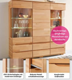 OTTO home Highboard »Vetro,150cm breit,40 cm tief,Fronten Massivholz,9 Fächer« Kernbuche massiv, Holzwerkstoff, 3Türen,6 Schubladen, Griffmulden