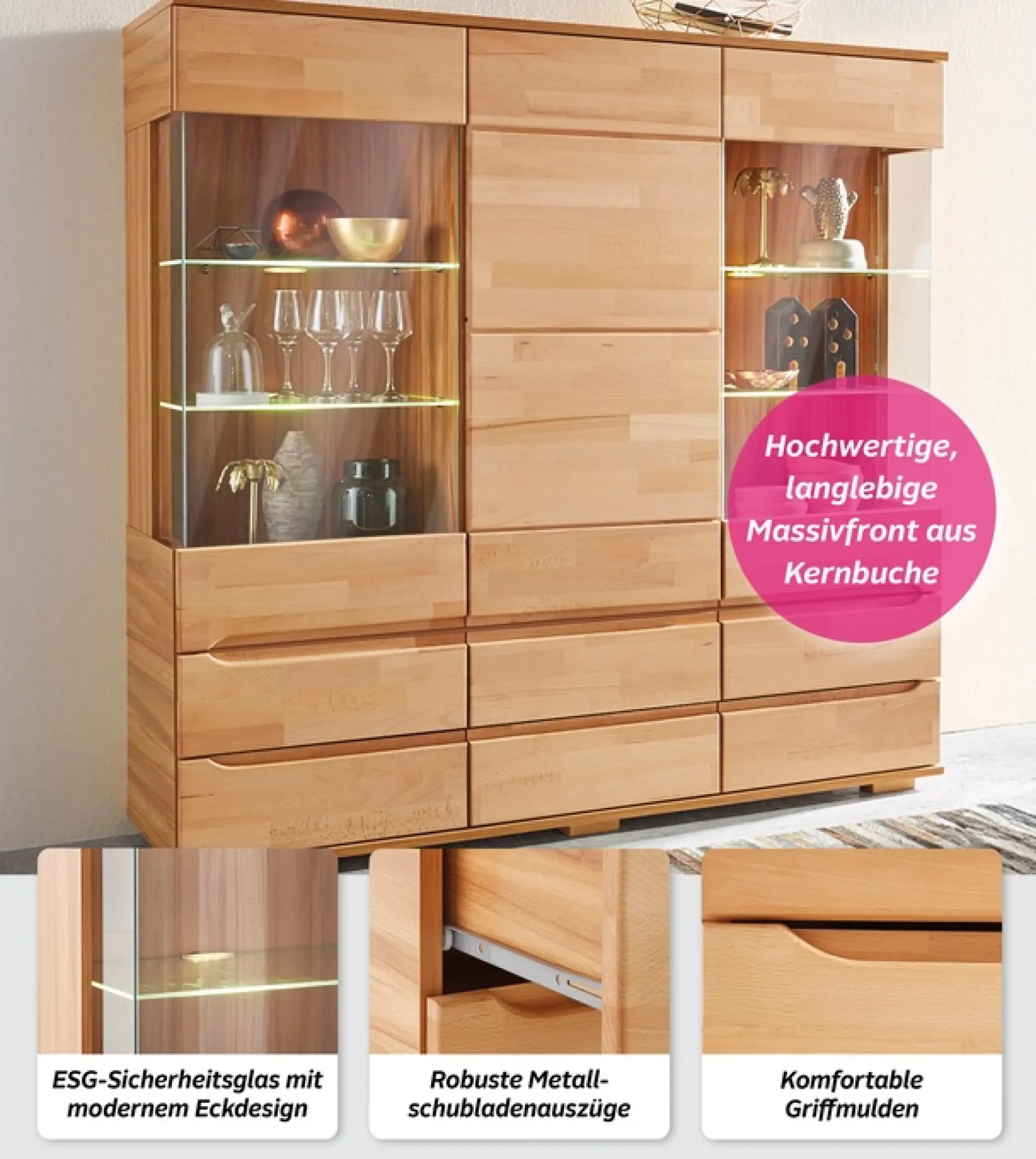 OTTO home Highboard »Vetro,150cm breit,40 cm tief,Fronten Massivholz,9 Fächer« Kernbuche massiv, Holzwerkstoff, 3Türen,6 Schubladen, Griffmulden