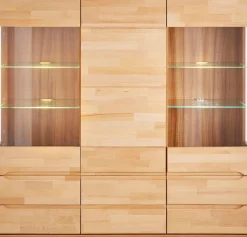OTTO home Highboard »Vetro,150cm breit,40 cm tief,Fronten Massivholz,9 Fächer« Kernbuche massiv, Holzwerkstoff, 3Türen,6 Schubladen, Griffmulden